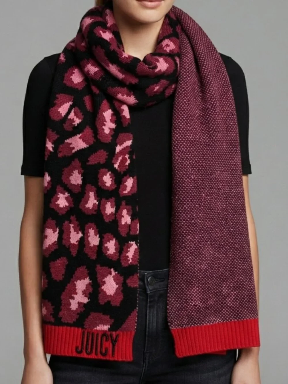 Juicy Couture Pink Red Leopard Print Knit Scarf Embroidered Logo Y2K McBling OS